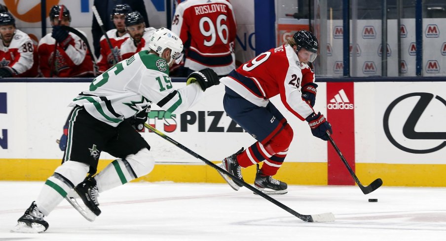  Patrik Laine skates with the puck in his CBJ debut