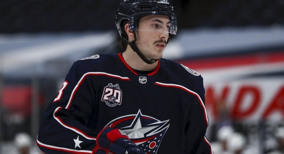 Jan 21, 2021; Columbus, Ohio, USA; Columbus Blue Jackets defenseman Zach Werenski (8) skates against the Tampa Bay Lightning at Nationwide Arena.