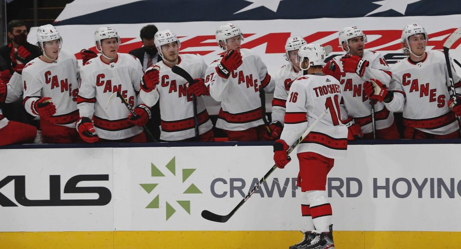 Feb 7, 2021; Columbus, Ohio, USA; Carolina Hurricanes center Vincent Trocheck (16) celebrates a goal against the Columbus Blue Jackets during the second period at Nationwide Arena.