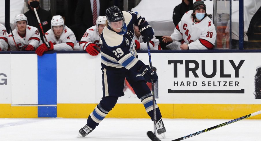 Feb 7, 2021; Columbus, Ohio, USA; Columbus Blue Jackets right wing Patrik Laine (29) scores on a wrist shot against the Carolina Hurricanes during the third period at Nationwide Arena.
