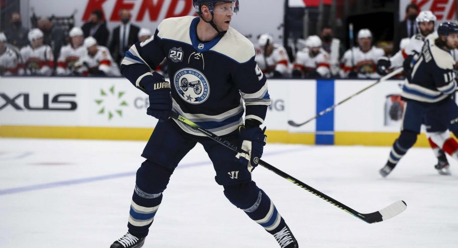 Jan 26, 2021; Columbus, Ohio, USA; Columbus Blue Jackets center Mikko Koivu (9) skates against the Florida Panthers in the first period at Nationwide Arena.