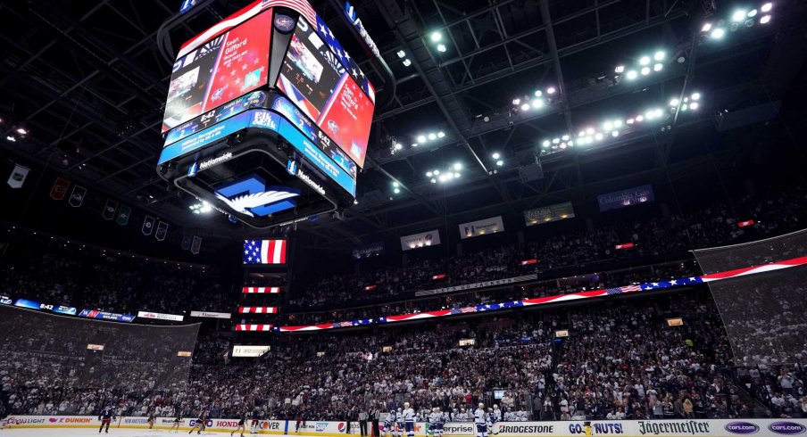 Apr 16, 2019; Columbus, OH, USA; A view of the arena as the Tampa Bay Lightning play against the Columbus Blue Jackets in game four of the first round of the 2019 Stanley Cup Playoffs at Nationwide Arena.