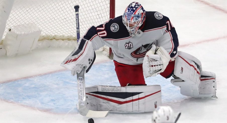 Columbus Blue Jackets goaltender Joonas Korpisalo makes a save during the first period against the Chicago Blackhawks at the United Center.