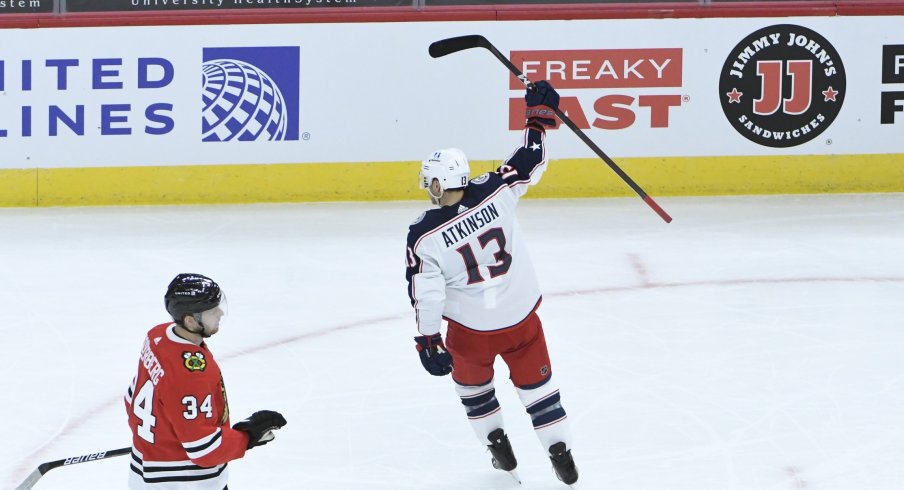 Columbus Blue Jackets forward Cam Atkinson celebrates his goal against the Chicago Blackhawks during the first period at United Center.