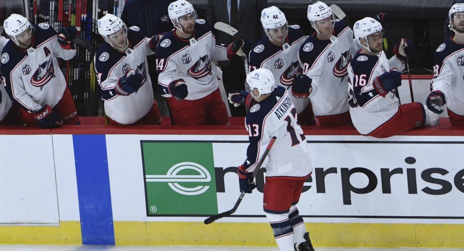 Feb 11, 2021; Chicago, Illinois, USA; Columbus Blue Jackets right wing Cam Atkinson (13) celebrates his goal against the Chicago Blackhawks during the first period at United Center.