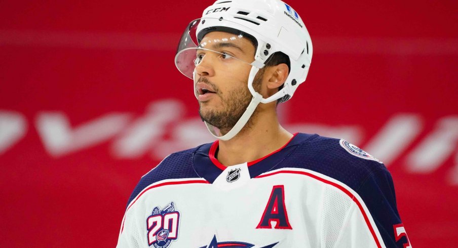 Feb 15, 2021; Raleigh, North Carolina, USA; Columbus Blue Jackets defenseman Seth Jones (3) looks on against the Carolina Hurricanes at PNC Arena.