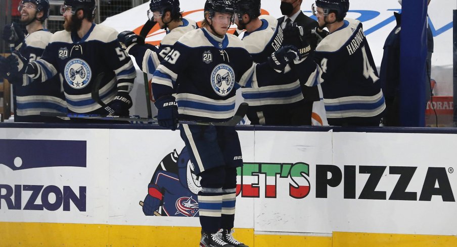 Feb 25, 2021; Columbus, Ohio, USA; Columbus Blue Jackets right wing Patrik Laine (29) celebrates a goal against the Chicago Blackhawks during the second period at Nationwide Arena.