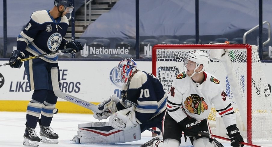 Columbus Blue Jackets goalie Joonas Korpisalo (70) makes a save against the Chicago Blackhawks during the second period at Nationwide Arena. 