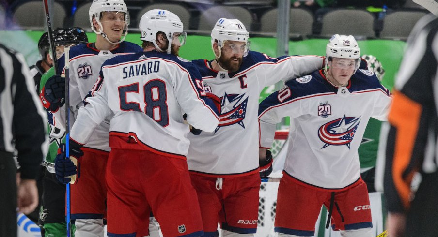 The Columbus Blue Jackets celebrate a goal scored against the Dallas Stars at American Airlines Center.