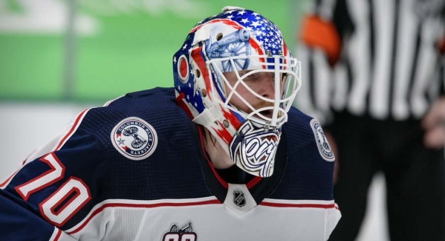 Columbus Blue Jackets goaltender Joonas Korpisalo (70) faces the Dallas Stars attack during the second period at the American Airlines Center.