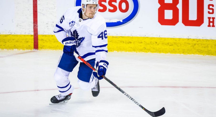 Toronto Maple Leafs Mikko Lehtonen (46) skates with the puck against the Calgary Flames during the first period at Scotiabank Saddledome.