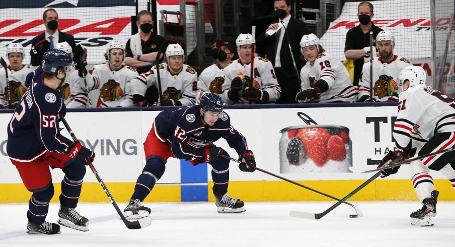 Alexandre Texier and Emil Bemstrom against the Chicago Blackhawks