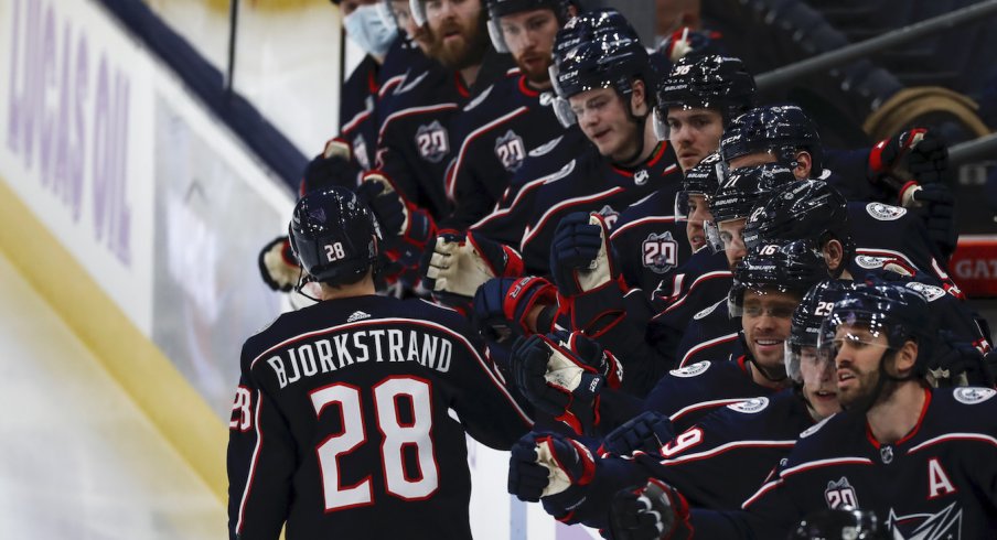 Columbus Blue Jackets forward Oliver Bjorkstrand celebrates a goal scored at Nationwide Arena.