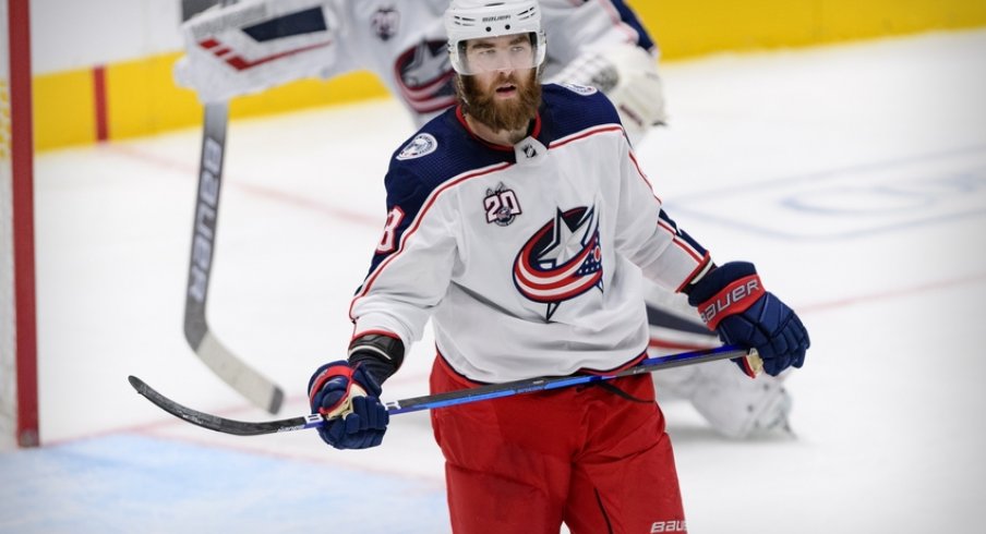 Columbus Blue Jackets defenseman David Savard (58) during the game between the Dallas Stars and the Columbus Blue Jackets at the American Airlines Center.