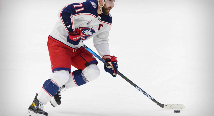 Mar 6, 2021; Dallas, Texas, USA; Columbus Blue Jackets left wing Nick Foligno (71) in action during the game between the Dallas Stars and the Columbus Blue Jackets at the American Airlines Center.