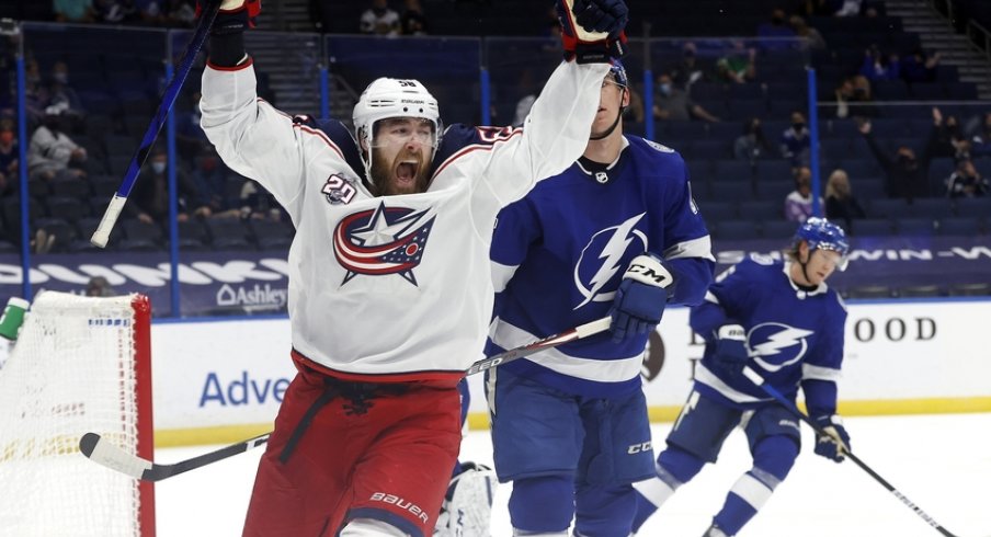  Columbus Blue Jackets defenseman David Savard (58) celebrates after scoring a goal against the Tampa Bay Lightning during the second period at Amalie Arena. 