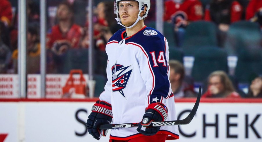 Mar 4, 2020; Calgary, Alberta, CAN; Columbus Blue Jackets center Gustav Nyquist (14) skates against the Calgary Flames during the third period at Scotiabank Saddledome.