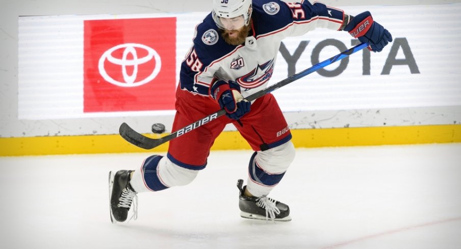 Columbus Blue Jackets defenseman David Savard (58) controls the puck during the second period against the Dallas Stars at the American Airlines Center.