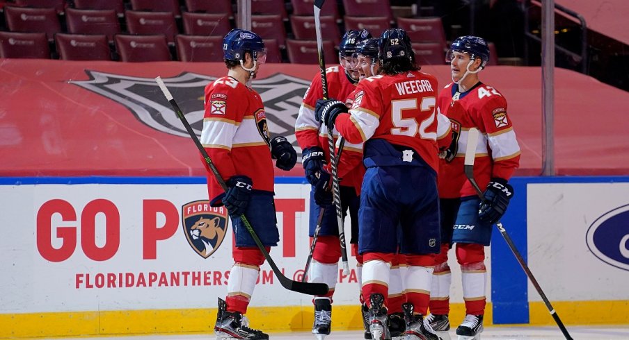 Aleksander Barkov celebrates his goal against the Columbus Blue Jackets