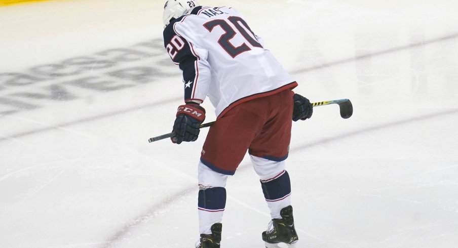 Aug 19, 2020; Toronto, Ontario, CAN; Columbus Blue Jackets center Riley Nash (20) reacts following the 5-4 overtime loss against the Tampa Bay Lightning in game five of the first round of the 2020 Stanley Cup Playoffs at Scotiabank Arena.