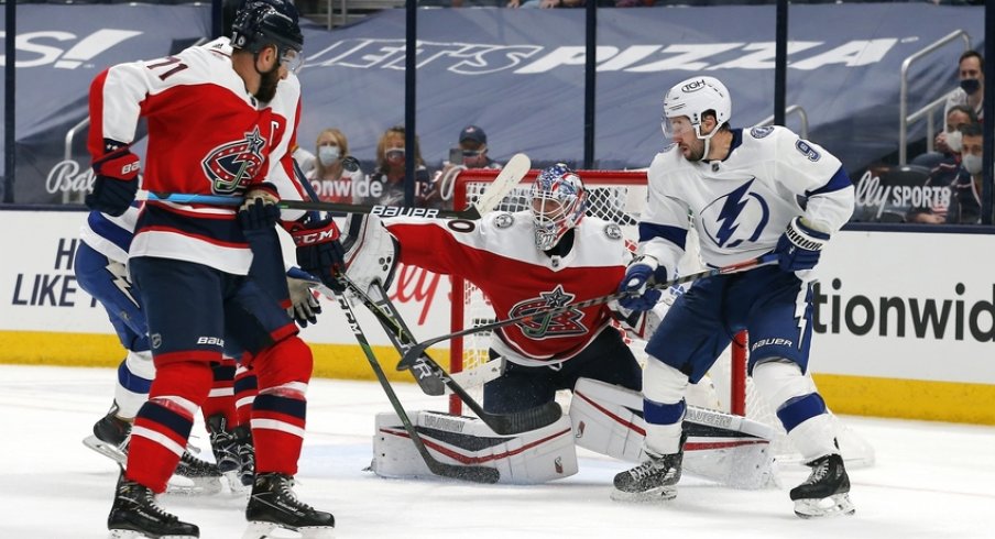 Columbus Blue Jackets goalie Joonas Korpisalo (70) makes a blocker save during the second period against the Tampa Bay Lightning at Nationwide Arena.