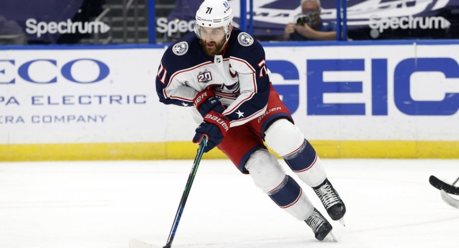 Columbus Blue Jackets left wing Nick Foligno (71) skates with the puck against the Tampa Bay Lightning during the first period at Amalie Arena.