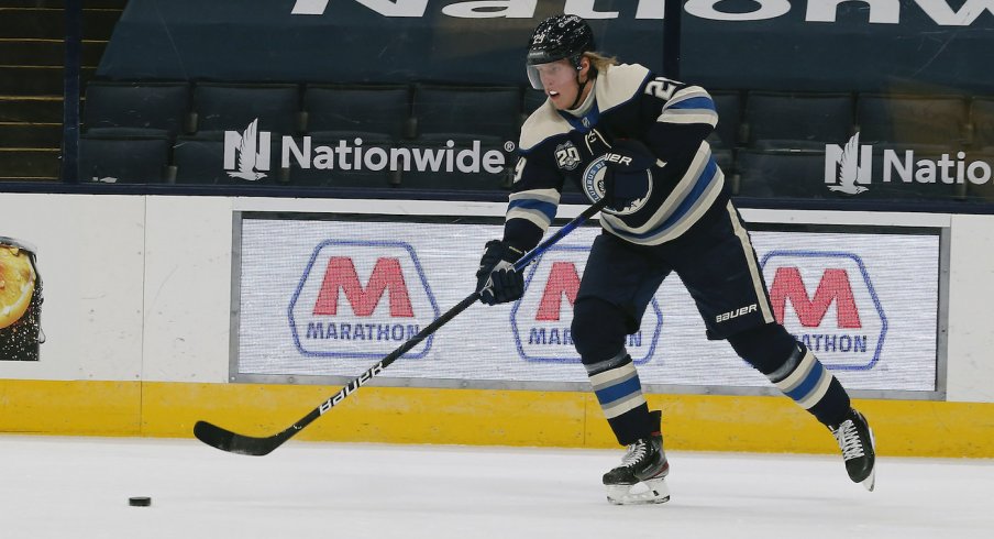 Columbus Blue Jackets right wing Patrik Laine (29) passes the puck against the Carolina Hurricanes during the first period at Nationwide Arena