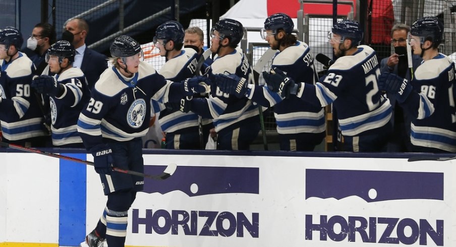 Columbus Blue Jackets right wing Patrik Laine (29) celebrates a goal against the Chicago Blackhawks during the second period at Nationwide Arena.