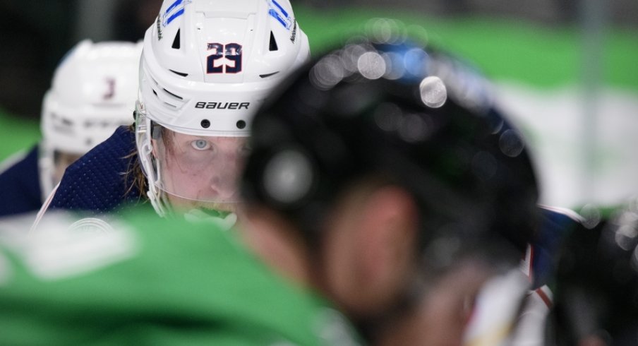 Columbus Blue Jackets right wing Patrik Laine (29) waits for the face-off during the third period against the Dallas Stars at the American Airlines Center.