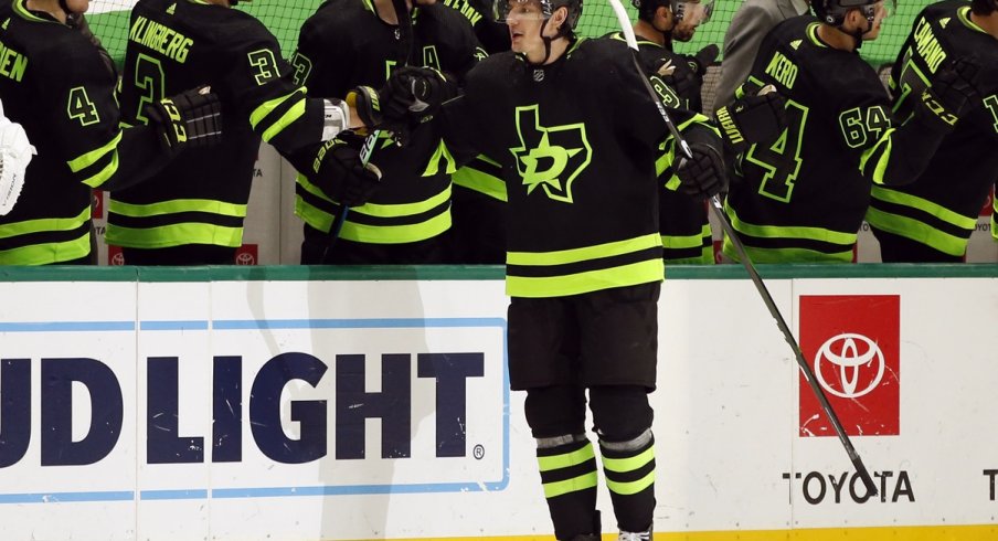 Dallas Stars right wing Denis Gurianov (34) is congratulated after scoring a goal in the second period against the Columbus Blue Jackets at American Airlines Center.