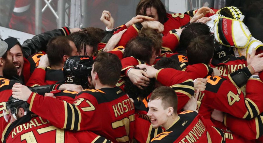 Avangard Omsk celebrates after winning the KHL's Gagarin Cup