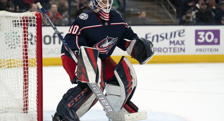 Feb 28, 2020; Columbus, Ohio, USA; Columbus Blue Jackets goaltender Matiss Kivlenieks (80) tends net against the Minnesota Wild during the third period at Nationwide Arena.