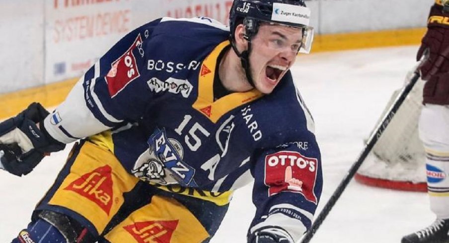 Gregory Hofmann celebrates a goal in the Swiss National League playoffs