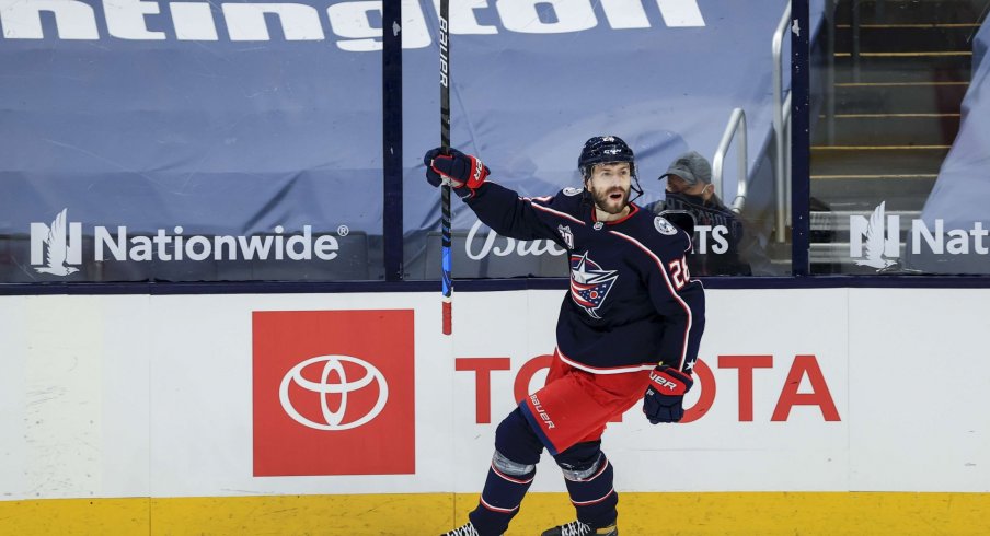 Apr 27, 2021; Columbus, Ohio, USA; Columbus Blue Jackets right wing Oliver Bjorkstrand (28) reacts to scoring a goal against the Detroit Red Wings in the first period at Nationwide Arena. The goal was reviewed and overturned.