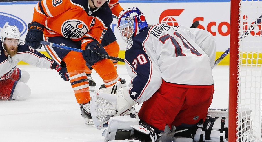 Ryan Nugent-Hopkins puts a shot just wide of Joonas Korpisalo