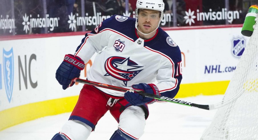 Mar 20, 2021; Raleigh, North Carolina, USA; Columbus Blue Jackets center Max Domi (16) skates against the Carolina Hurricanes at PNC Arena.