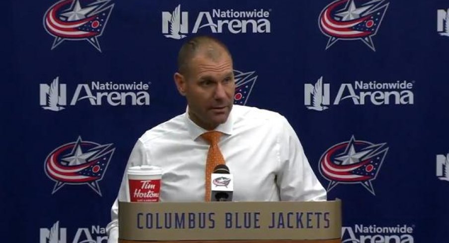 Columbus Blue Jackets head coach Brad Larsen addresses the media at Nationwide Arena.