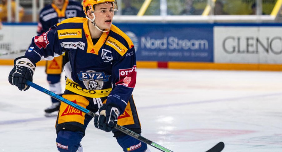 Gregory Hoffman searches for the puck while playing for the Swiss League team EV Zug.