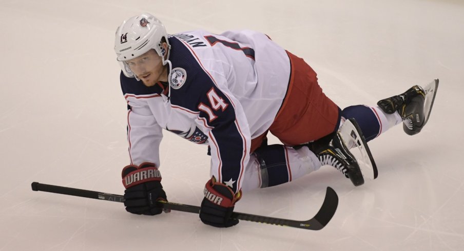 Gustav Nyquist stretches before the Blue Jackets game against the Tampa Bay Lightning in game one of the first round of the 2020 Stanley Cup Playoffs