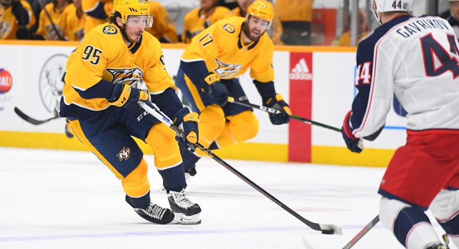 Matt Duchene skates the puck against the Columbus Blue Jackets at Bridgestone Arena