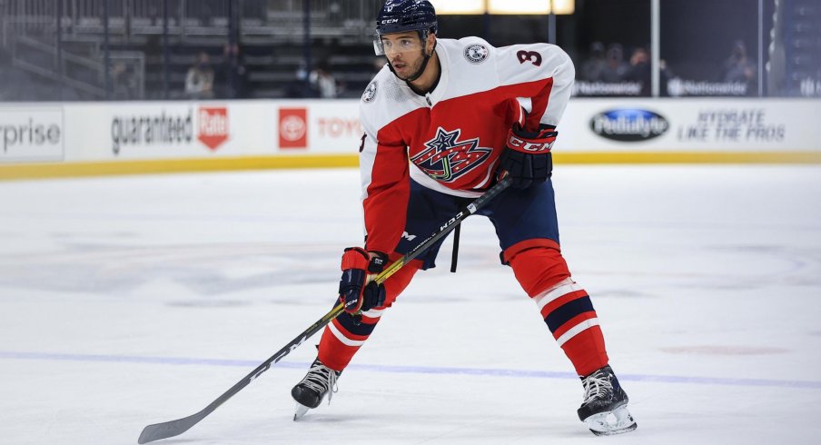 Feb 20, 2021; Columbus, Ohio, USA; Columbus Blue Jackets defenseman Seth Jones (3) skates against the Nashville Predators in the third period at Nationwide Arena.