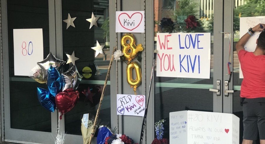 Matiss Kivleniek's memorial outside Nationwide Arena.