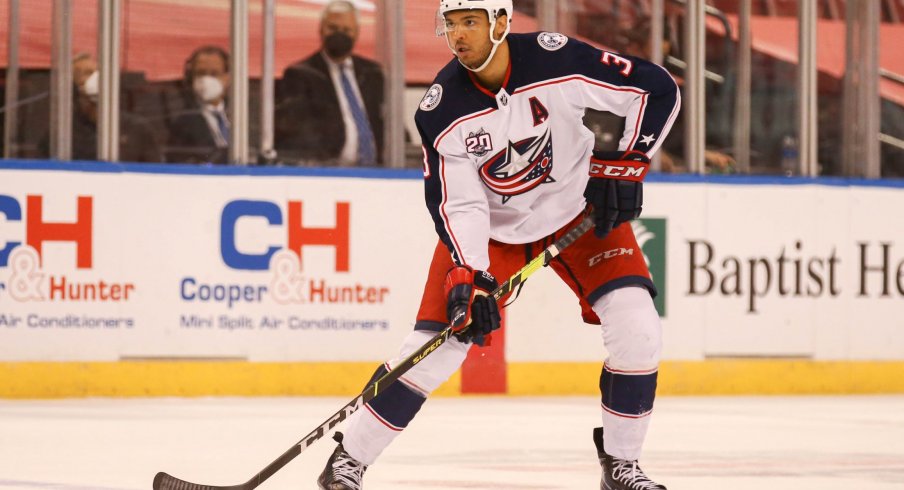 Apr 3, 2021; Sunrise, Florida, USA; Columbus Blue Jackets defenseman Seth Jones (3) controls the puck against the Florida Panthers during the first period at BB&T Center.