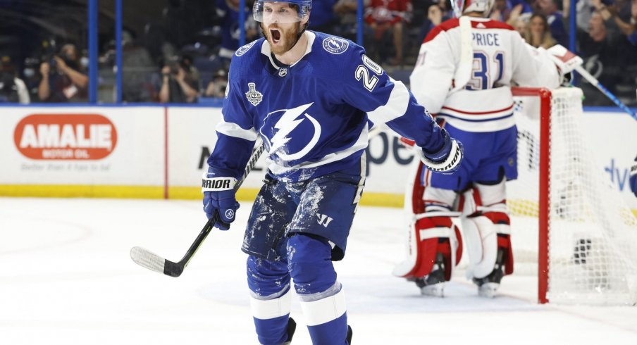 Jun 30, 2021; Tampa, Florida, USA; Tampa Bay Lightning center Blake Coleman (20) celebrates after scoring a goal past Montreal Canadiens goaltender Carey Price (31) during the second period in game two of the 2021 Stanley Cup Final at Amalie Arena.
