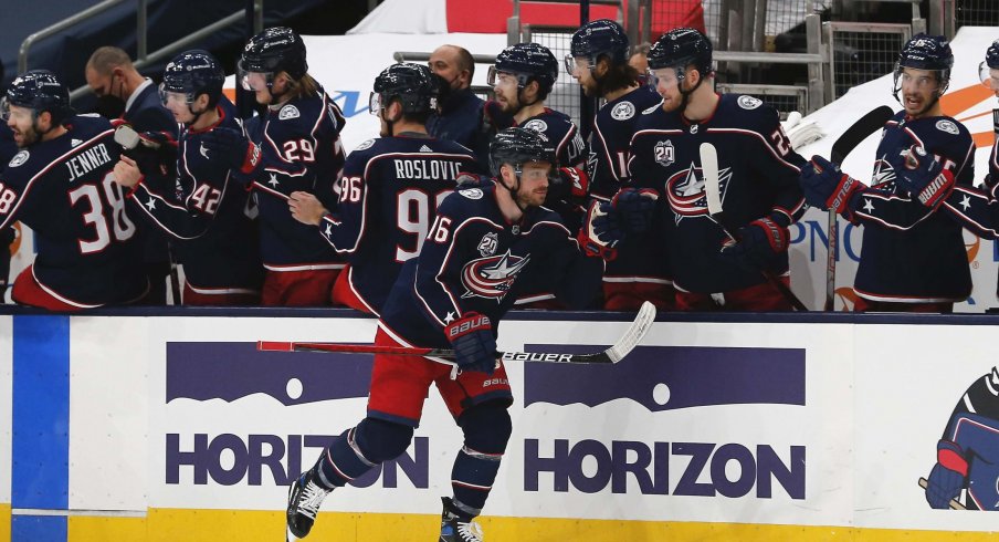 Feb 18, 2021; Columbus, Ohio, USA; Columbus Blue Jackets center Max Domi (16) celebrates a goal against the Nashville Predators during the second period at Nationwide Arena.
