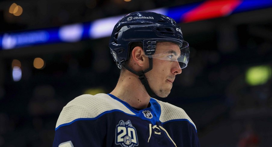 May 7, 2021; Columbus, Ohio, USA; Columbus Blue Jackets defenseman Gavin Bayreuther (7) waits for the face-off against the Detroit Red Wings in the first period at Nationwide Arena.