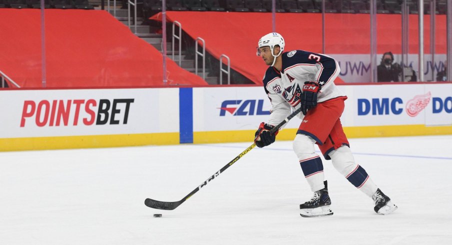 Jan 18, 2021; Detroit, Michigan, USA; Columbus Blue Jackets defenseman Seth Jones (3) during the game against the Detroit Red Wings at Little Caesars Arena.