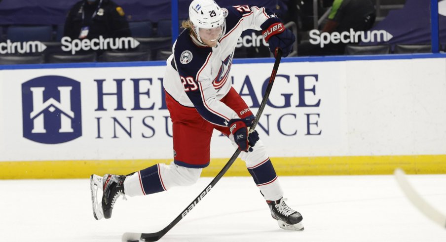 Apr 1, 2021; Tampa, Florida, USA; Columbus Blue Jackets right wing Patrik Laine (29) shoots against the Tampa Bay Lightning during the second period at Amalie Arena.