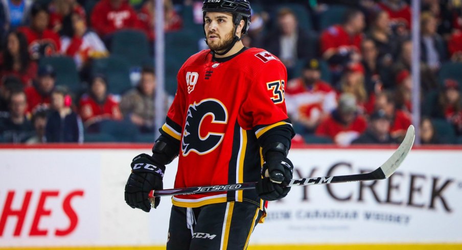 Mar 8, 2020; Calgary, Alberta, CAN; Calgary Flames center Zac Rinaldo (36) against the Vegas Golden Knights during the first period at Scotiabank Saddledome.