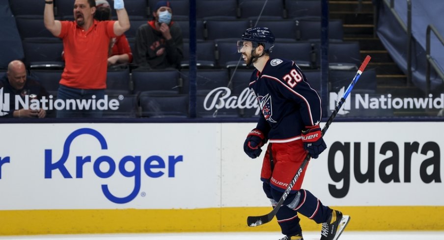 Columbus Blue Jackets right wing Oliver Bjorkstrand (28) reacts to scoring the game deciding goal in the shootout against the Detroit Red Wings Nationwide Arena.